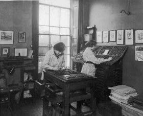 Mollie (right) became principal compositor of the Cuala Press in 1937, when this picture was taken at its Baggot Street premises. (Loretta Clarke Murray)