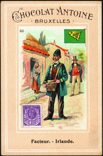 The Irish subject of this Chocolat Antoine of Brussels series, shows a village scene complete with helmeted postman and a shawled woman holding a baby.