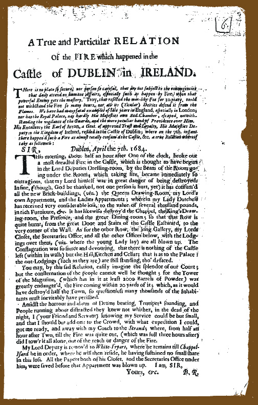 Pamphlet outlining the damage done to Dublin Castle on the morning of 7 April 1784.