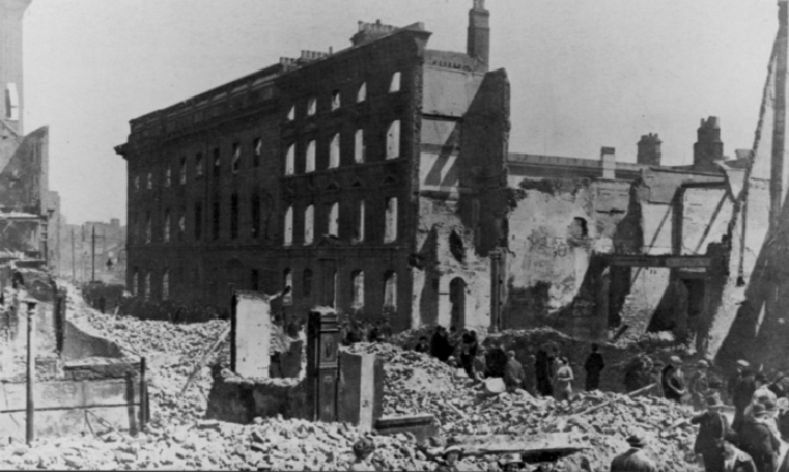 The north side of the GPO along Henry Street. McLaughlin had to lead the evacuating Volunteers across Henry Street to Moore Street, to the extreme left of this picture. (National Museum of Ireland)