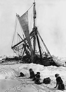 Still from the film showing Shackleton’s ship, the Endurance, stuck in the ice