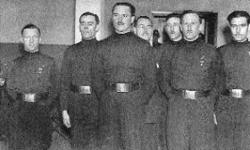 With the Blackshirts in 1934. Joyce is at the extreme left. Oswald Mosley is third from the left and in the centre of the group, looking over Mosley’s left shoulder, is Eric Hamilton Piercey, who would marry William’s first wife, Hazel, and become ‘a very good stepfather’ to William’s daughters. (The Friends of Oswald Mosley) 