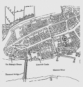 Detail from a map of Limerick c.1590, showing the location of the bishop's house in relation to the castle and the cathedral. (Limerick Corporation)