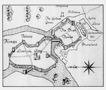 A mid-seventeenth-century map of Limerick. The walled city, with St Mary's Cathedral in the centre, was built on an island in the the River Shannon and protected on the Munster side by a walled suburb (the ‘Irish Towne') of similar size. (Old Limerick Journal)