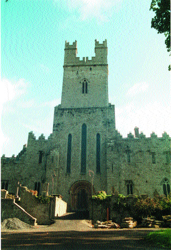View of the western elevation of St Mary's Cathedral, Limerick. The characteristic bell tower directly over the main entrance provided a commanding view of the courtyard of the castle to the north and was occupied by musketeers during the siege of 1642. (Ken Wiggins)