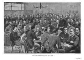 Print of Charles Stewart Parnell (standing) and his MPs in April 1886. (T.P. O’Connor, Memoirs of an Old Parliamentarian, vol. I, 1929) 