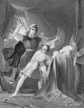 Nineteenth-century engraving of Viking warrior Brodir about to slay Brian Boru while he is kneeling in prayer.