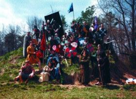 Group photo of the Markland Medieval Militia following their re-enactment of the Battle of Clontarf in April 1984. 
