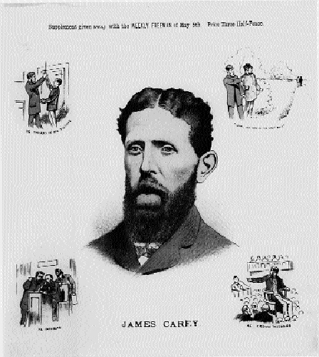 James Carey, with insets depicting the swearing in of members, the identifying of under-secretary Burke, informing, acting as crown witness. (Weekly Freeman, 5 May 1883)