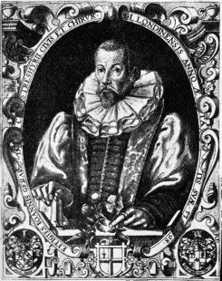 John Gerard, from the frontispiece to the first edition of his Herbal (1597, but here dated 1598), with a potato spray in his left hand. 