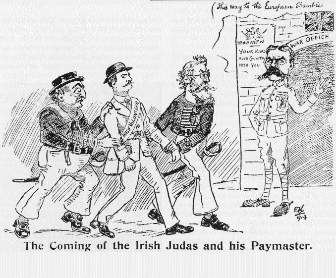 Cartoon critical of Redmond's commitment to offer the Irish Volunteers for the European war. (Irish Worker) 