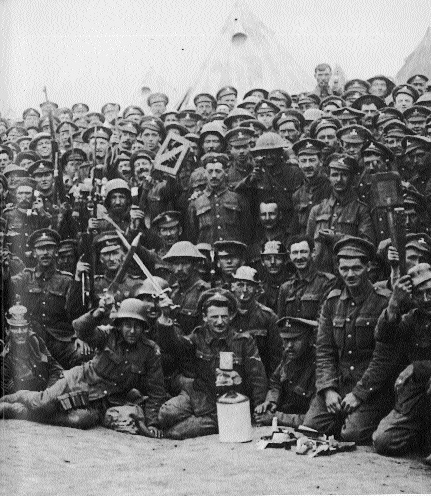 Men of the Royal Dublin Fusiliers on the Western Front proudly display their collection of captured German arms and helmets. (Imperial War Museum, London) 