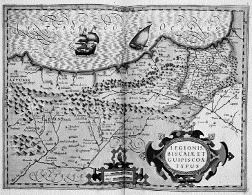 Engraved map of north-eastern Spain and the Basque Country. (Mercator-Hondius atlas, Amsterdam, 1606)