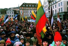 Nationalist demonstration in Estonia, February 1989—the Baltic states led the way in moves to secede from the Soviet Union. (Frank Spooner Pictures)