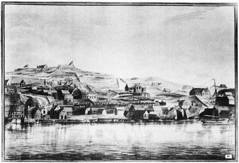 St John's from a water colour by R.P. Brenton. Fort Townshend is above the town. Just above the ship moored on the left is the Catholic chapel and the residence of Bishop O'Donel. (Public Archives of Canada)