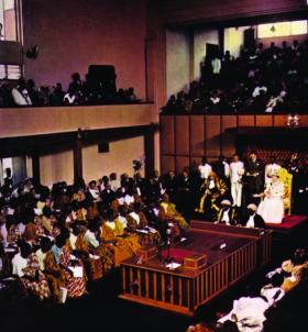 The duchess of Kent presides over the official handing over of power in the Ghanaian parliament, 6 March 1957.