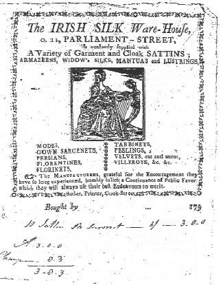By the middle decades of the eighteenth century, élite women viewed the occasional purchase of Irish-produced textiles, such as advertised here, as an appropriate form of public charity. (Walker's Hibernian Journal, June 1779)