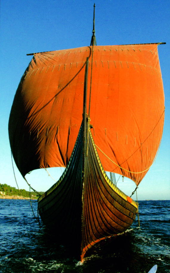 The replica Viking ship Gaia, which visited Dublin in July 2005. The large quantities of iron nails found at Woodstown indicate that people there were involved in repairing ships such as this. (Vestfold Fylkeskommune)
