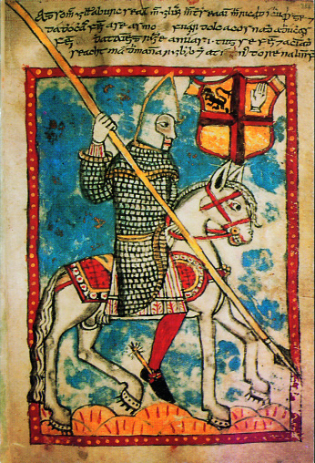 Sir Seán mac Oilibhearuis a Bíºrc, MacWilliam (d. 1580) from the same history and genealogy of the Bourkes used by Ellis on p.25 of the last issue. Note the archaic helmet and armour, out-of-date in European terms, and the Irish practice of riding without stirrups. (Trinity College, Dublin)