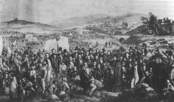 Daniel O'Connell addressing the crowd in J. Haverty's The Monster Meeting in the Irish Highlands, Clifden (1843). 