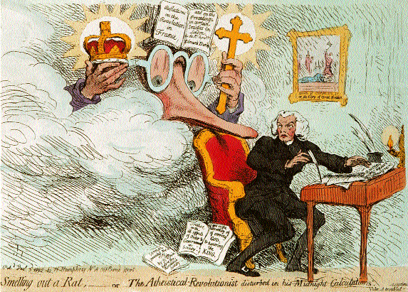 James Gillray's Smelling out a Rat;-or The Atheistical Revolutionist disturbed in his Midnight Calculations, 3 December 1790-a grotesque image of Burke, upholder of church and crown, confronts the dissenting preacher Richard Price as he composes a tract On the Benefits of Anarchy Regicide Atheism. (British Museum)