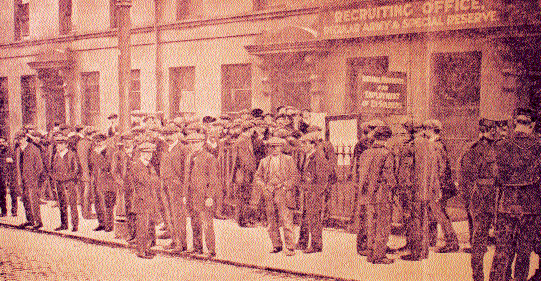 Scenes at Crumlin Road recruiting office in the early days of the war, many weeks before organised enlistments from the Ulster Volunteer Force (UVF) and Irish National Volunteers (INV) began. According to press reports, ‘so great was the crowd at one time, that the doors had to be closed'. (Belfast Evening Telegraph)