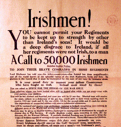 This recruiting advert of October 1915 was printed on the front page of all Belfast newspapers-unionist and nationalist. As well as appealing to national pride and targeting men of the middle classes, the advert details rates of pay and allowances. (Belfast Evening Telegraph)