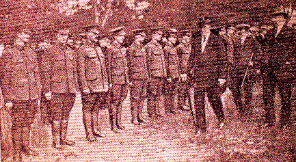 Edward Carson and James Craig inspecting men of the North Belfast UVF at Donmore House before leading them down to the Old Town Hall to enlist in the Ulster Division. (Belfast Evening Telegraph)