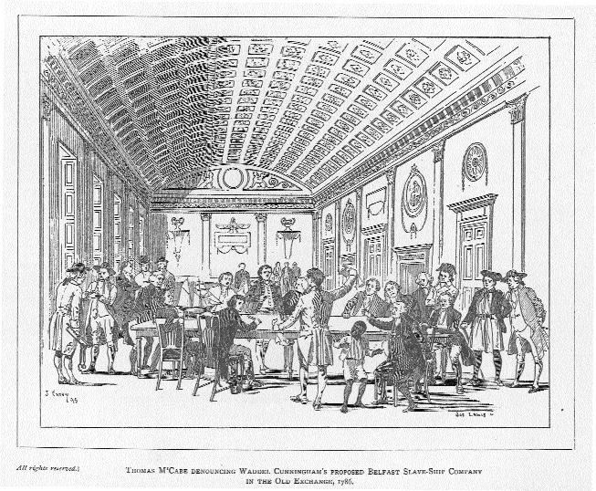 Thomas McCabe denouncing Waddell Cunningham's proposed Belfast slave-ship company in the Old Exchange, 1786. (J.W. Carey from Robert Young's Old Belfast [1895])