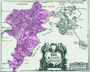 Down Survey map of Offaly (King's County), with the area affected by the 1619â€“20 plantation schemes highlighted in colour.