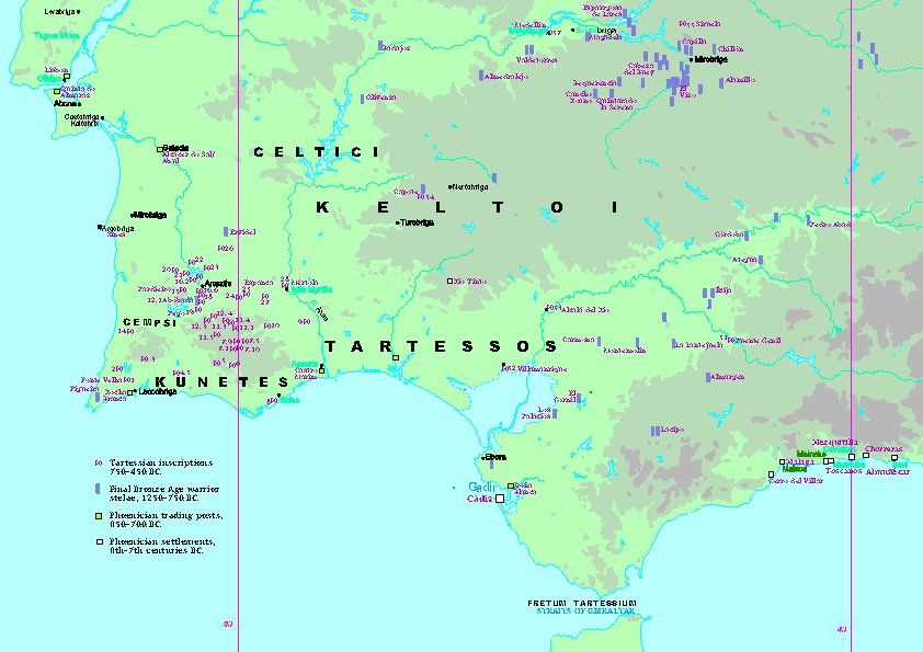 The south-western Iberian Peninsula at the horizon of history. There are at least 90 known Tartessian inscriptions on stone concentrated in southern Portugal, with a wider scatter of fifteen over south-west Spain. (J. Koch, An atlas for Celtic studies (Oxford, 2008)) 