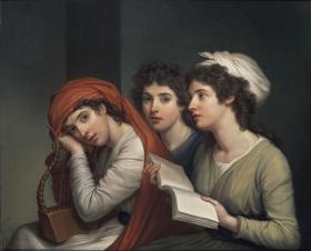 Hamilton represents Lady Emma Hamilton (no relation) in a triple portrait in which she poses as three of the muses: Terpsichore, muse of choral dance and song, holding a lure; Polyhymnia, muse of heroic hymns; and Calliope, muse of epic poetry, holding a book.