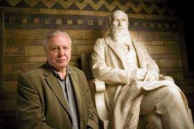  Sir David Attenborough beside Charles Darwin’s statue in the Natural History Museum, London. The examples used in Charles Darwin and the tree of life to explain and illustrate the development of the theory of evolution were culled from Attenborough’s vast TV output over three decades.