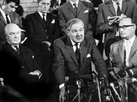 British Home Secretary James Callaghan gives a press conference upon his arrival at Aldergrove airport, outside Belfast, in August 1969. (Getty Images) 