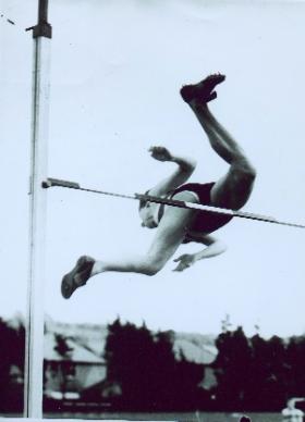 Thelma Hopkins’s world-record high jump at the Cherryvale sports grounds, Queen’s University, Belfast, in May 1956. (Seán and Maeve Kyle)