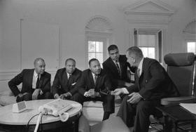 Johnson meets with civil rights leaders in the Oval Office in January 1964. From left: Roy Wilkins, executive director of the National Association for the Advancement of Colored People (NAACP); James Farmer, national director of the Congress of Racial Equality; Martin Luther King Jr, president of the Southern Christian Leadership Conference; and Whitney Young, executive director of the National Urban League. (Lyndon Baines Johnson Library)