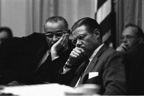 Johnson with Secretary of Defense Robert McNamara, who, along with Gen. William Westmoreland, formulated a military policy based on a strategy of attrition: US forces would kill more cadres than the enemy was able to replace until a ‘tipping point’ was reached. (Lyndon Baines Johnson Library)