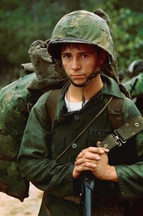 A young Marine private during a landing on 3 August 1965 at Da Nang, where US ground troops had first been introduced earlier that year. (National Archives, USA)