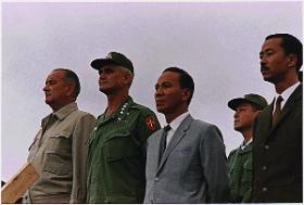 Johnson in Vietnam on 26 October 1966 with Gen. Westmoreland, Lt. Gen. Nguyen Van Thieu, South Vietnam’s ceremonial head of state, and Prime Minister Nguyen Cao Ky. Thieu was elected to a new executive presidency in September 1967, the last of a series of unstable military governments that came and went in Saigon. (National Archives, USA)