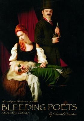 James Clarence Mangan, in blonde wig and green-tinted glasses (Mark O’Regan), being attended to by barmaid Mary Malone (Lisa Lambe), while Edgar Alan Poe (Michael James Ford) looks on. (Roomkeeper Productions)