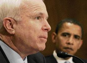 Senators John McCain and Barack Obama on the hustings in July 2008. 