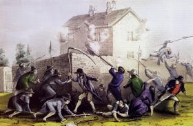 The attack on the Widow McCormack’s house at Ballingarry, Co. Tipperary, 29 July 1848. Unwilling to sanction even the commandeering of private property, William Smith O’Brien’s rising ended in the inglorious failure to dislodge less than 50 police within. (Currier and Ives) 