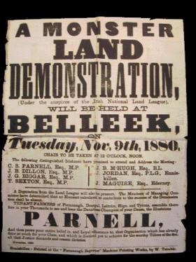 Land League posters were produced by printing businesses attached to local newspapers, such as this one by Enniskillen’s Fermanagh Reporter for a meeting in Beleek on 9 November 1880. (National Archives of Ireland)