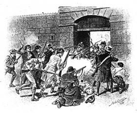 Hearts of Steel storming the barracks at Belfast in December 1770. Martin encouraged his congregation to escape their suffering under landlord rule and accompany him to South Carolina. (Linen Hall Library)