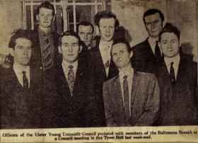 Roy Garland (left) at an officers’ meeting of the Ulster Young Unionists in Ballymena in 1970. Also in the picture (back row, right) is John (now Lord) Laird and, to his right, current leader of the Ulster Unionist Party (now Sir) Reg Empey. (Ballymena Guardian)