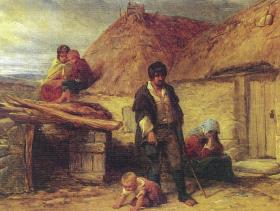An Irish Eviction (1850) by Frederick Goodall. During the Famine mass evictions led to forced emigration. (Leicester Museum & Art Gallery)
