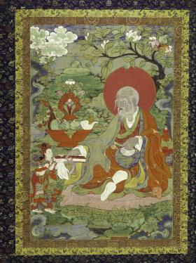Thangka painting of the Arhat Pindola Bharadvaja, Tibetan-Buddhist, eighteenth-century, probably from Gansu province, China.