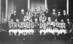 The Belfast Celtic team that won five matches and drew one on a tour to Prague in 1912. Oscar Traynor is in the back row (fourth from left) in the hooped jersey. (Belfast Celtic Society)