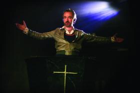 In a series of scintillating speeches, Francisco (Declan Conlon) performs a blasphemous sermon from the pulpit with the crucifix as a kind of fallen angel, railing against the church as ‘a poxy con’.(All images: Anthony Wood)