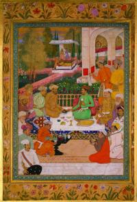 A painting, c. 1615–20, of ‘A Garden Gathering with a Prince in a Green Jama’ by Bichitr from the Minto Album, on display in the Murraqqa’, Imperial Mughal Albums exhibition, which runs until 3 October 2010.(All images: Chester Beatty Library, Dublin)